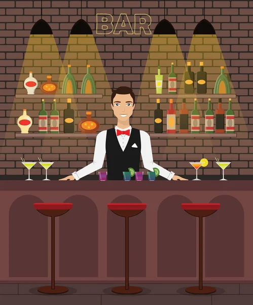 Bar, pub interior plana vetor ilustração com garrafas, copos, coquetéis. Homem barman no bar com vinho, alcohole dreenks . — Vetor de Stock