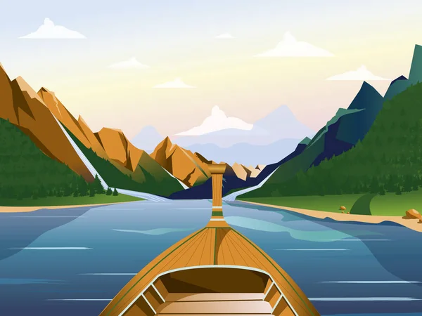 Boat on the lake in a mountainous region with forests vector illustration. — Stock Vector
