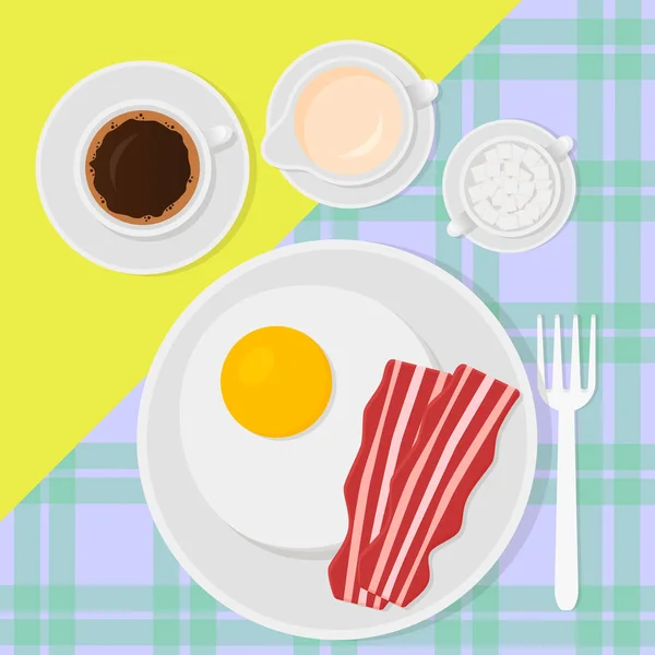 Ilustrasi vektor top view sarapan dengan gaya datar dengan telur orak-arik, bacon, kopi dan susu . - Stok Vektor