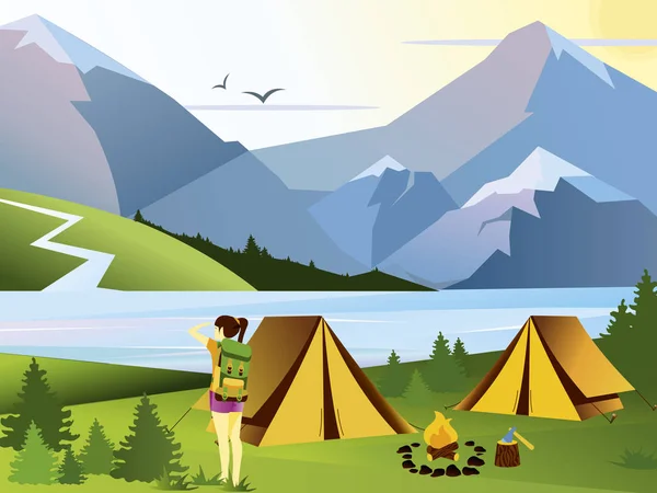 Vector platt illustration camping flicka traveler. Natur bakgrund med gräs, skog, berg och kullar. Utomhusaktiviteter. Tält och brand camp. — Stock vektor