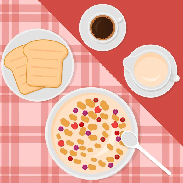 Breakfast top view vector illustration in flat style with muesli or oatmeal, milk, coffee and toasts. — Stock Vector