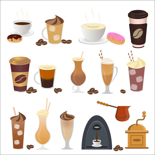 Vector illustration of coffee set icons in flat style.