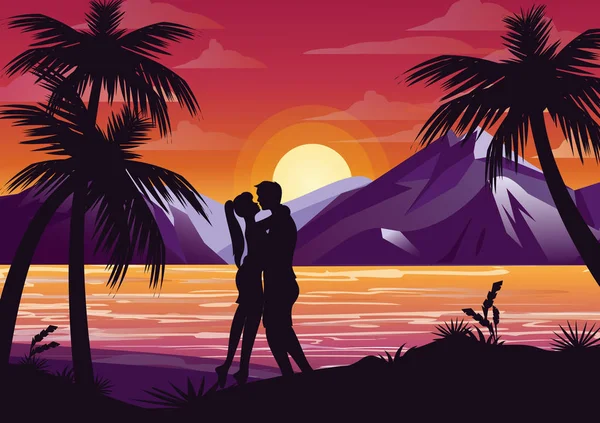 Ilustración vectorial de la silueta de pareja besándose en la playa bajo la palmera en el fondo del atardecer y las montañas en estilo plano . — Archivo Imágenes Vectoriales