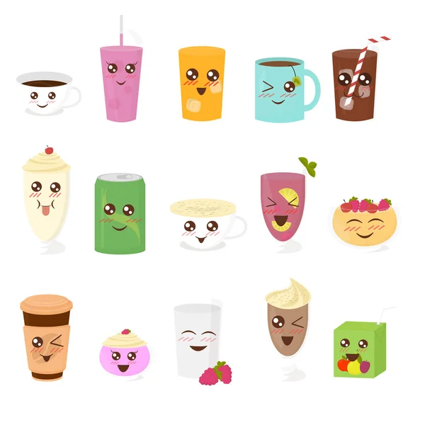 Conjunto de ilustración vectorial de bebidas lindas en estilo plano de dibujos animados. Copa de té, chocolate caliente, latte, café, batido, jugo, batido de leche, limonada . — Vector de stock