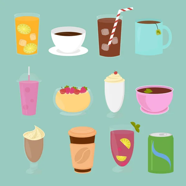 Ilustracja wektora zestaw napojów w stylu cartoon płaski. Filiżankę herbaty, gorąca czekolada, latte, kawy, koktajl, soku, mleka wstrząsnąć, lemoniady. — Wektor stockowy