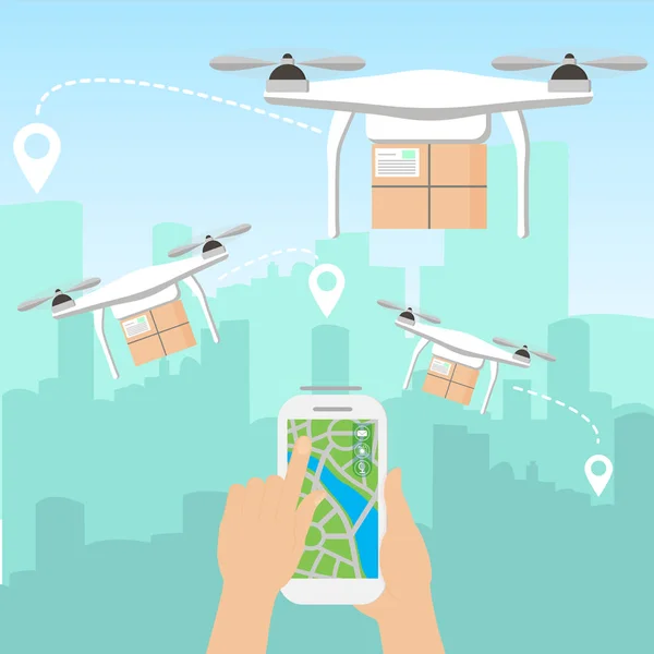 Ilustração vetorial de mãos lançando poucos drones de entrega com pacotes por smartphone na frente do horizonte de uma grande cidade moderna com arranha-céus em estilo de desenho animado plano . —  Vetores de Stock