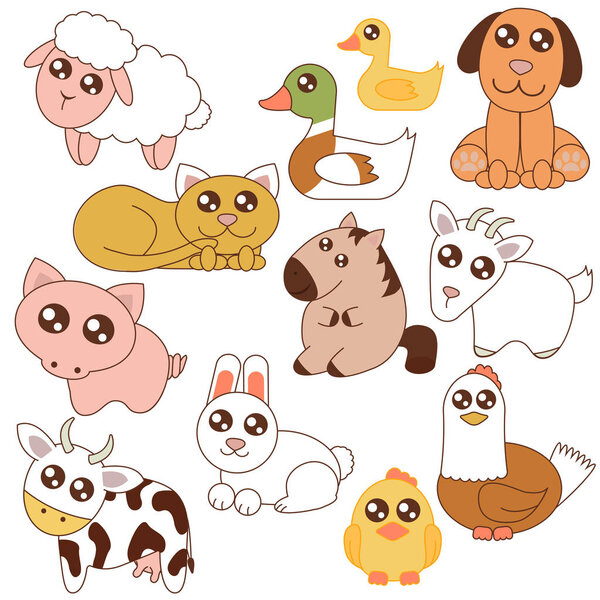Vector illustration of cute farm animals set in cartoon flat style.