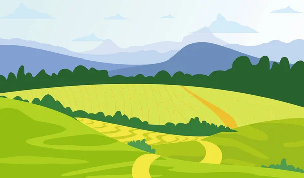 Vector illustratie groen landschap achtergrond met gele velden en bergen. — Stockvector