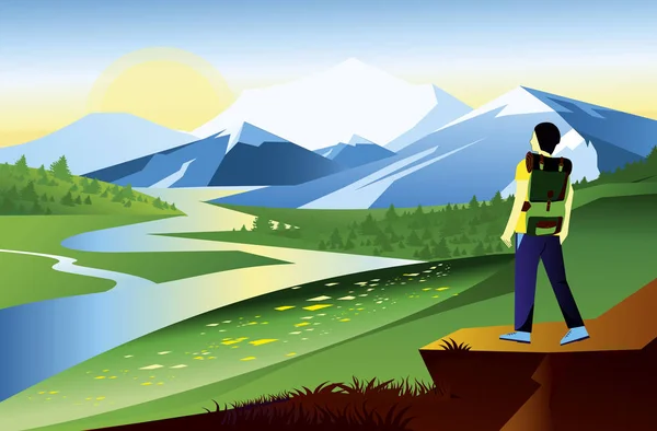 Illustrazione del paesaggio vettoriale con le montagne. Viaggiatore e vista sul fiume . — Vettoriale Stock