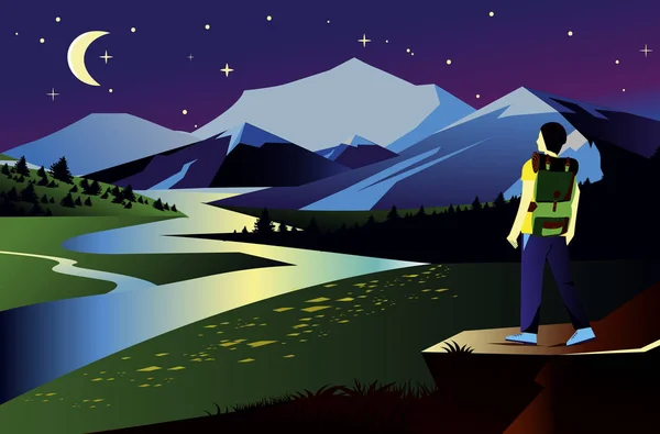 Ilustración del paisaje vectorial con montañas durante la noche. Viajero y vista al río con cielo oscuro, estrellas y luna . — Archivo Imágenes Vectoriales