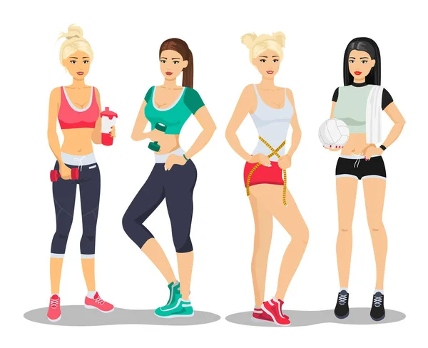 Beaux modèles de fitness sport filles. Jeune femme gymnase plat vecteur illustration . — Image vectorielle