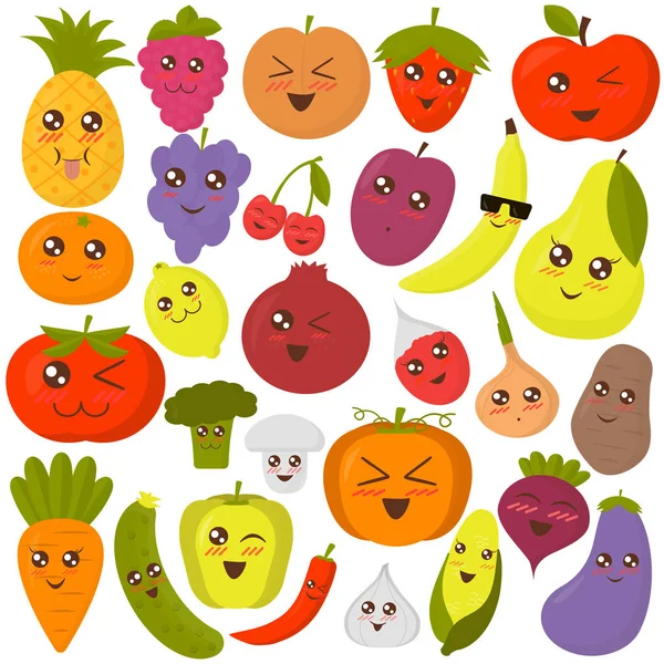 Illustration vectorielle de fruits et légumes mignons. Autocollants de style plat coloré . — Image vectorielle