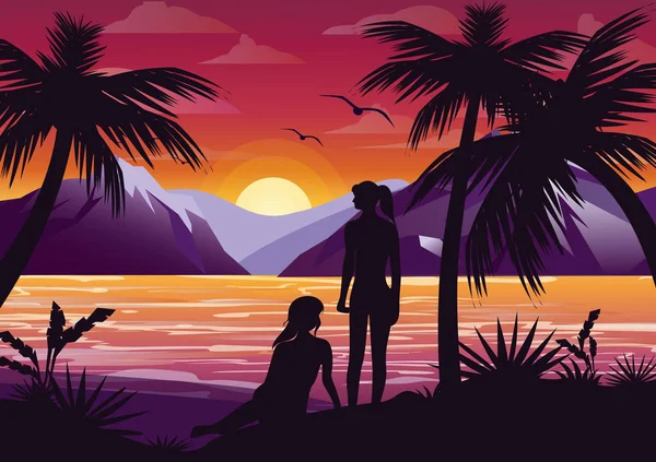 Vetor ilustração de casal meninas amigos silhueta na praia sob a palmeira no pôr do sol fundo e montanhas em estilo plano . —  Vetores de Stock