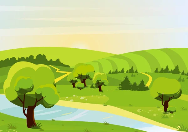 Cartoon vlakke stijl vectorillustratie van landschap met bossen, heuvels, velden, rivier en routes. Lente of zomer. — Stockvector