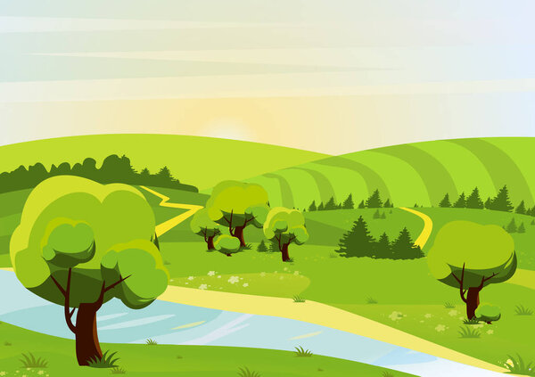 Мультфильм плоский стиль векторной иллюстрации ландшафта с лесами, холмами, полями, реками и тропами. Вид весной или летом
.