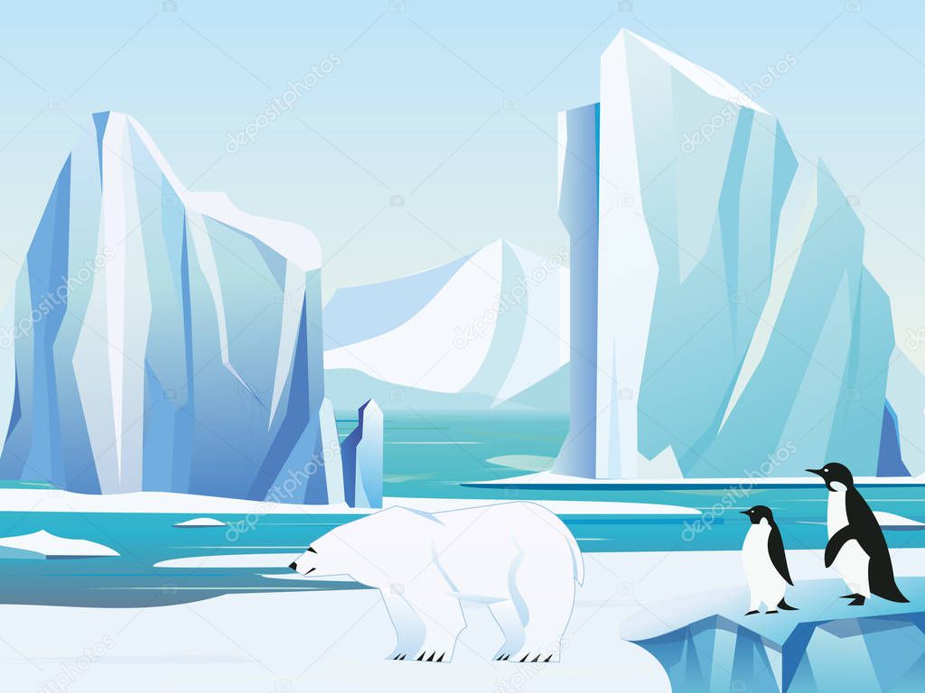 Vector illustration arctic landscape with polar bear and penguins, iceberg and mountains. Cold climate winter background.