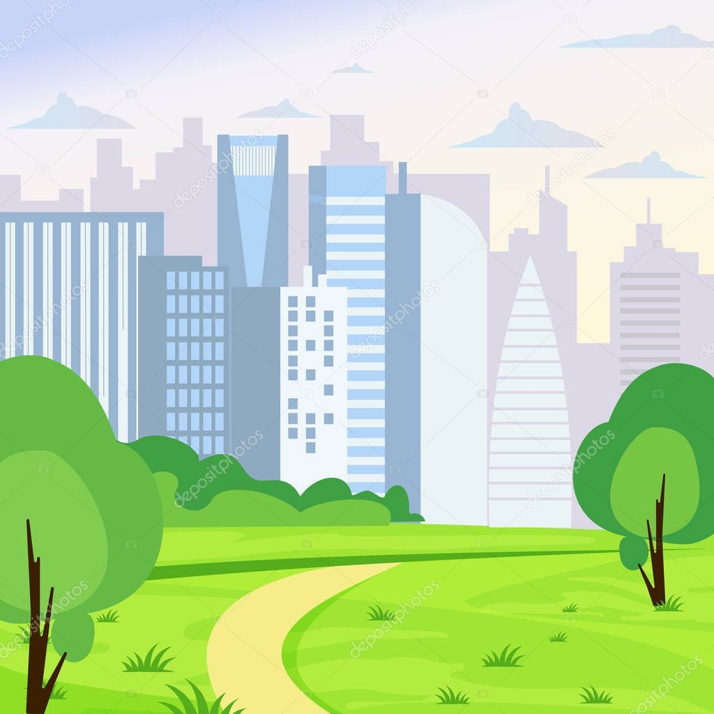 Vector illustration of green park landscape on big business city background in flat cartoon style.