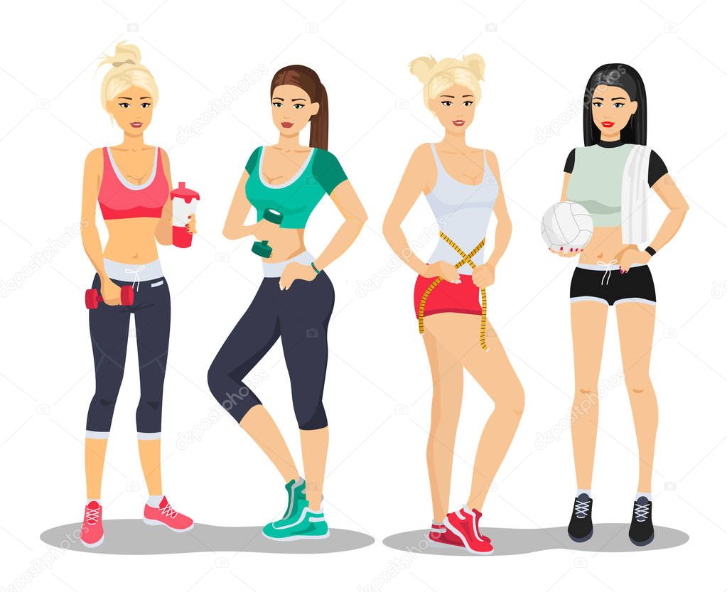 Beautiful sport fitness girls models. Young woman gym flat vector illustration.
