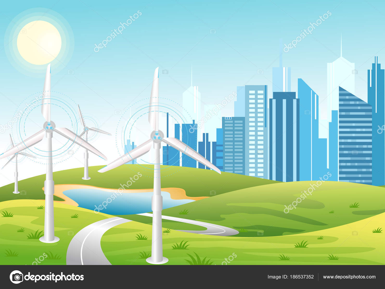 Wind power plant. Wind turbines. Green energy industrial concept. Vector illustration in flat cartoon style of wind power station with urban city background. Renewable energy sources. Stock Vector Image by ©Nataliia2910@ #186537352 Wind power plant. Wind turbines. Green energy industrial concept. Vector illustration in flat cartoon style of wind power station with urban city background. Renewable energy sources. Stock Vector Image by ©Nataliia2910@ #186537352