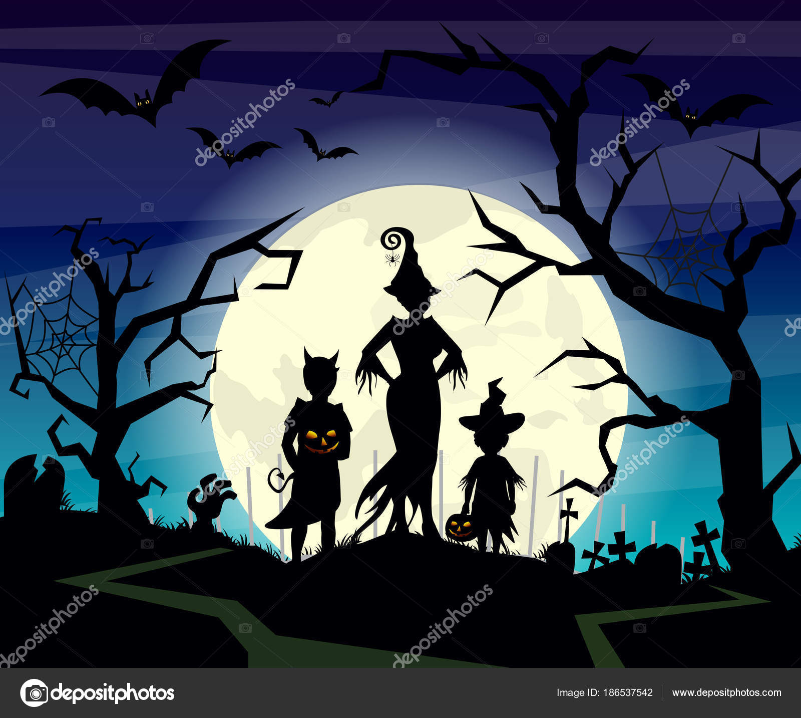 Vector illustration of Halloween background with silhouettes of children  trick in Halloween costume on dark blue night sky. Halloween postcard in  flat cartoon style. Stock Vector Image by ©Nataliia2910@ #186537542
