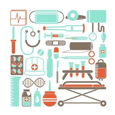 Sağlık ve tıp simgeler vektör çizim karikatür düz stil ayarla.
