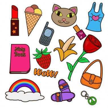 Vektör çizim renkli yamalari ayarlayın. Dekoratif vintage hippi tarzı Sticker koleksiyonu.