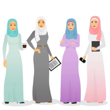 Vektör çizim hijab ile iş Arap kadınları karakter kümesi. Müslüman kadın insanlar.
