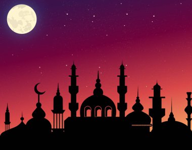 Gökyüzü arka plan yıldızlar ve ay ile akşam üzerinde vektör çizim güzel siluet Arapça mimarisi. Düz stil kavramında Ramazan Kareem.
