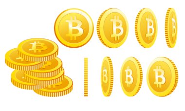 Beyaz bir arka planda farklı pozisyonlarda izole bitcoin simgeler vektör Illustration. Basit sembol cryptocurrency düz çizgi film tarzı.
