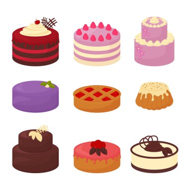 Kek karikatür düz stilde Icons set. Vektör çizim toplama çikolata ve krema, pasta ve çörek beyaz arka plan ile parlak renkli kek.