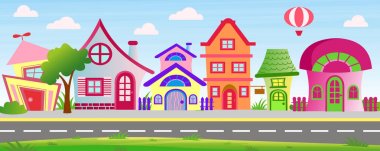 Bulutlar ve balon ile gökyüzü arka plan üzerinde parlak renklerde vektör çizim karikatür ev sahipliği yapmaktadır. Sokakta ağaçlar ve çalılar düz çizgi film tarzı ile renkli çok güzel ve komik binalar.
