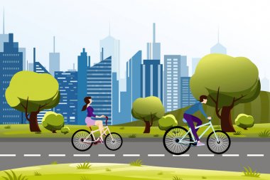 Vektör çizim insanlar erkek ve kadın city park yakınındaki bir bisiklet sürme. Modern şehir arka plan. Çizgi film vektör çizim.