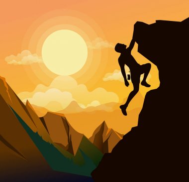 Dağ tırmanışı adam düz stilde günbatımı arka planda dağlar kayada vektör Illustration. Motivasyon kavramı.