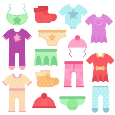 Bebek giysileri. Çocuklar renkli ve parlak bodysuits ve kız ve erkek çocuklar için özel iş elbisesi. Vektör çizim. Beyaz arka plan üzerinde düz stilde giyim Icons set. Düz çizgi film tarzı izole nesneleri.