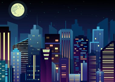 Vektör çizim gece Kentsel şehir manzarası. Büyük modern şehir ışıkları soyutlama düz çizgi film tarzı ile gece saat içinde gökdelenler ile.