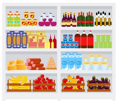 Süpermarket raf ürünler, meyve ve sebze, içer. Ticari buzdolabı süt ve süt ürünleri tam. Düz stil, vektör çizim parlak renkler.