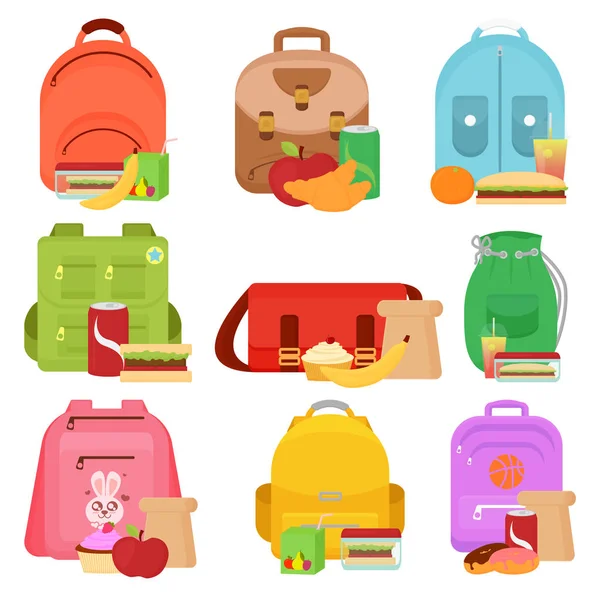 Colorful vector illustration of school kids bags and lunch food boxes in cartoon flat style. — Stock Vector