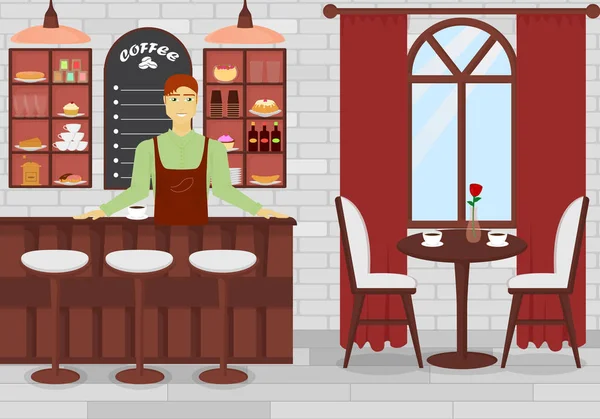 Ilustración vectorial del interior de la cafetería con el camarero del hombre en diseño plano de la historieta . — Archivo Imágenes Vectoriales