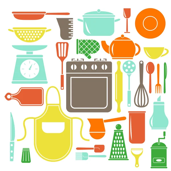 Conjunto de iconos de cocina de colores vectoriales. Elementos de cocina de estilo plano . — Archivo Imágenes Vectoriales