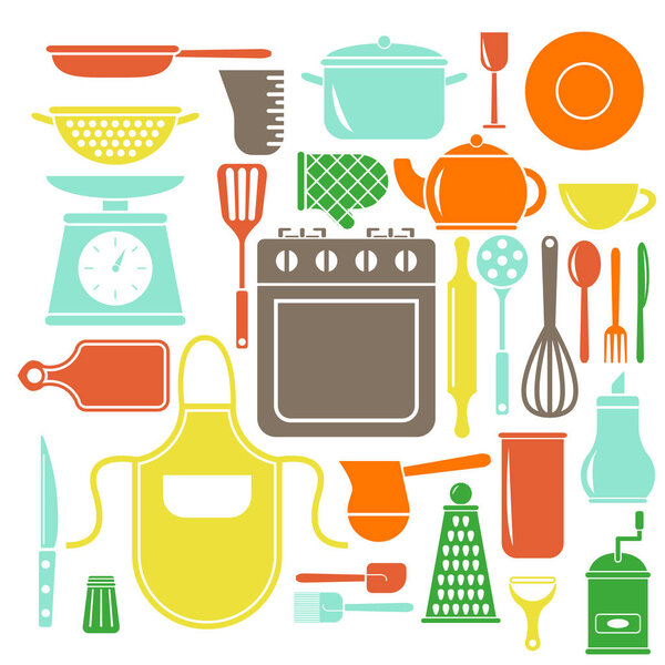 Vector colorful kitchen icons set. Flat style cooking elements.