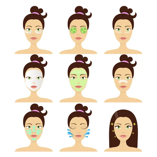 Diferentes tipos de máscaras cosméticas faciais. Conjunto de ilustrações isoladas vetoriais . — Vetor de Stock