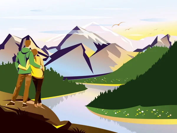 Vector landscape illustration with mountains. Travelers man and woman watching river view. — Stock Vector