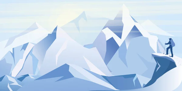 Vector illustration of ice mountains with traveller on the top of mountain. Winter background flat style illustration. — Stock Vector