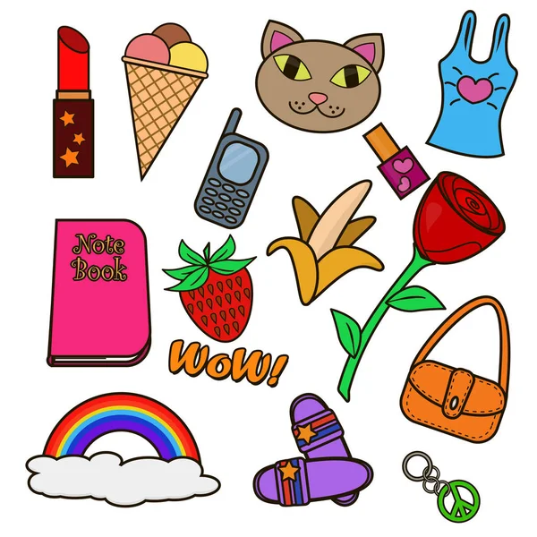 Vektör çizim renkli yamalari ayarlayın. Dekoratif vintage hippi tarzı Sticker koleksiyonu.