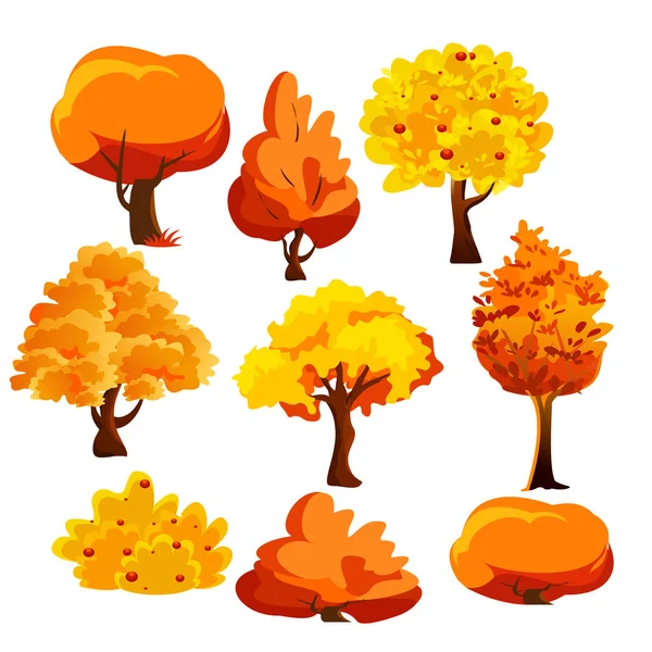 Ilustración vectorial de árboles y arbustos coloridos brillantes del otoño fijados en estilo plano de la historieta . — Archivo Imágenes Vectoriales