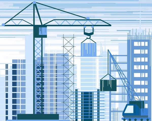 Illustrazione vettoriale dei cantieri edili e delle gru. grattacielo in costruzione. escavatore, ribaltabile su sfondo cielo in stile piatto . — Vettoriale Stock