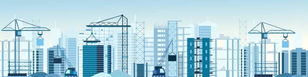 Illustrazione vettoriale di cantieri edili e gru banner. grattacielo in costruzione. escavatore, ribaltabile su sfondo cielo in stile piatto . — Vettoriale Stock