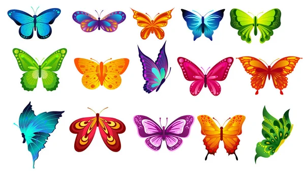 Illustration vectorielle de papillons aux couleurs vives isolés sur fond blanc dans un style plat . — Image vectorielle