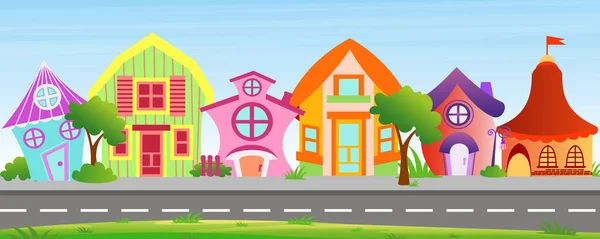 Векторная иллюстрация мультипликационных домов в ярких цветах на фоне неба. Красочные красивые и забавные здания на улице с деревьями и кустами в стиле мультфильма . — стоковый вектор