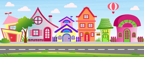 Vektor-Illustration von Cartoon-Häusern in hellen Farben auf Himmelshintergrund mit Wolken und Ballon. bunte schöne und lustige Gebäude auf der Straße mit Bäumen und Sträuchern im Cartoon-Flach-Stil. — Stockvektor